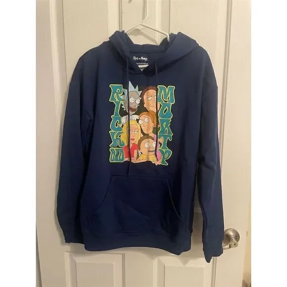 New Rick and Morty Adult Swim Hoodie Blue Medium Unisex Pullover Fleece - Picture 1 of 5